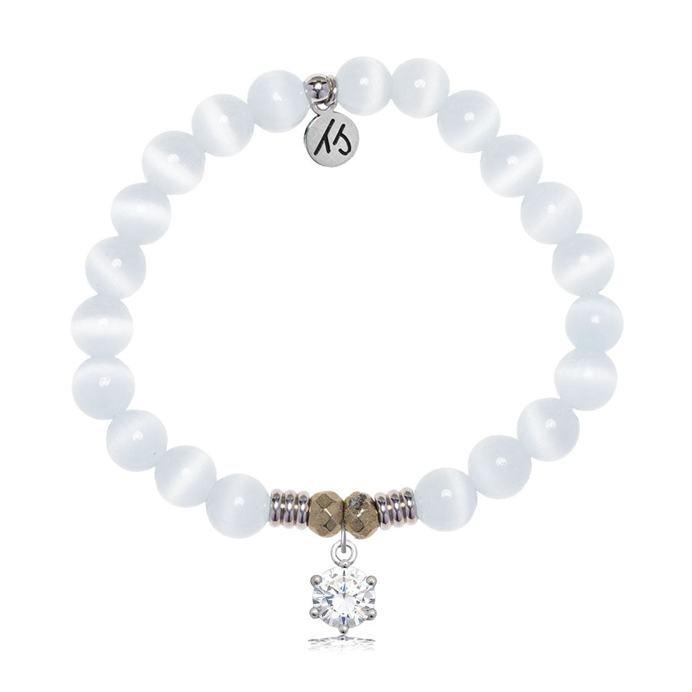 White Cats Eye Gemstone Bracelet with Shine Like A Diamond Sterling Silver Charm