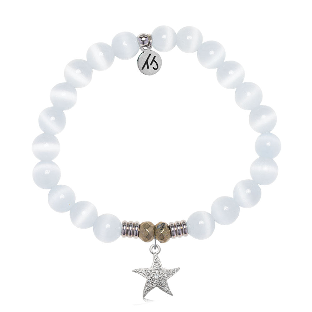White Cats Eye Gemstone Bracelet with Starfish CZ Sterling Silver Charm