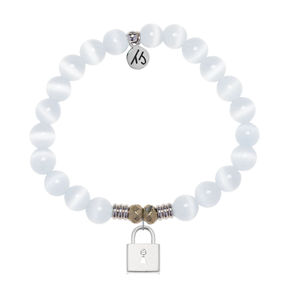 White Cats Eye Gemstone Bracelet with Unbreakable Friendship Sterling Silver Charm