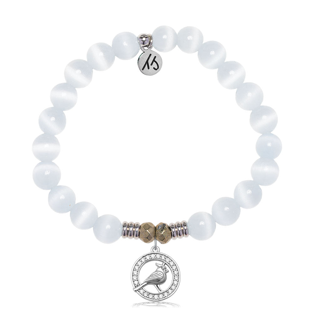 White Cats Eye Gemstone Bracelet with White Cardinal CZ Sterling Silver Charm