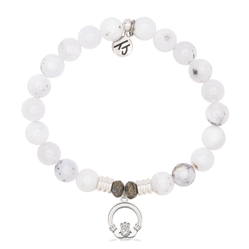 White Chaclodony Gemstone Bracelet with Claddagh Sterling Silver Charm