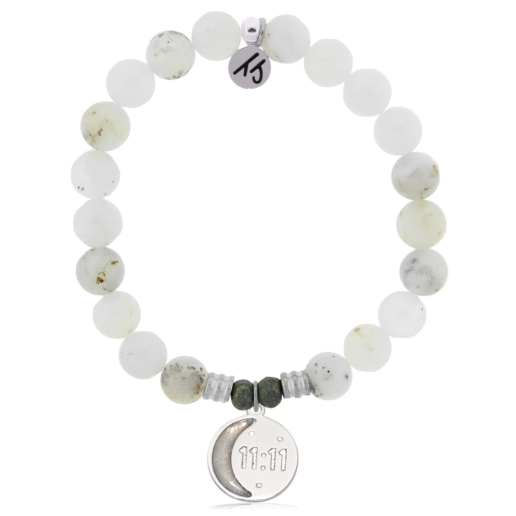 White Chalcedony Gemstone Bracelet with 11:11 Sterling Silver Charm