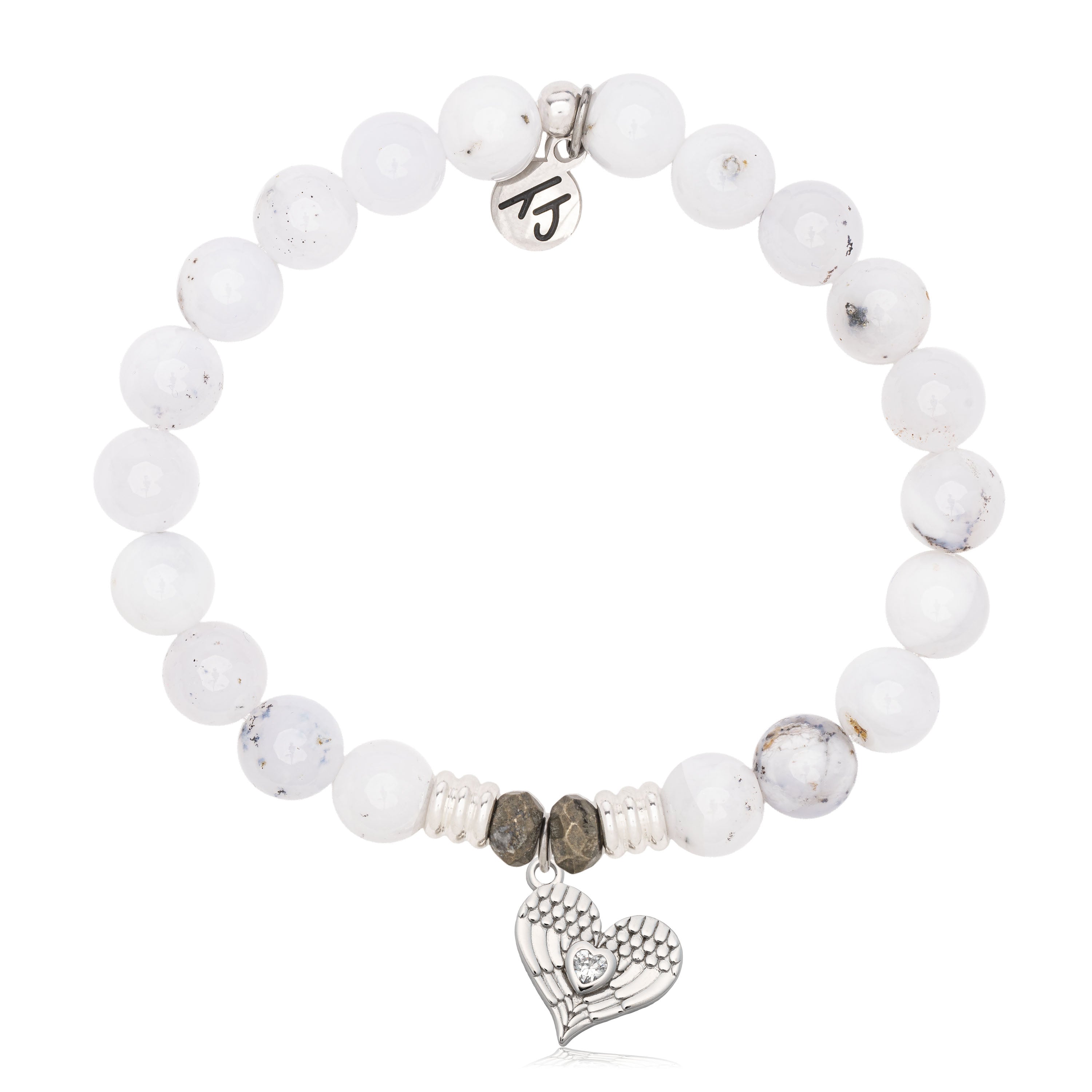 White Chalcedony Gemstone Bracelet with Angel Love Sterling Silver Charm
