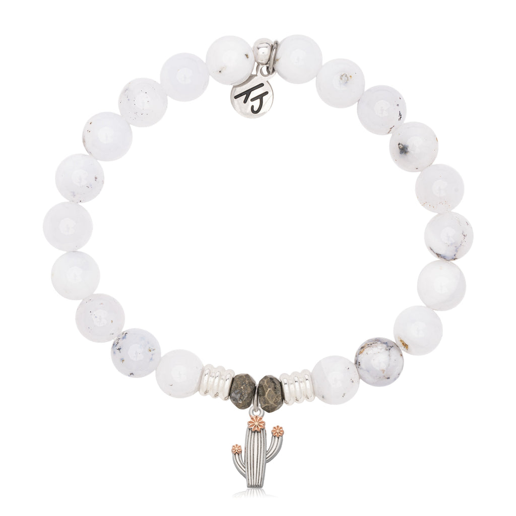 White Chalcedony Gemstone Bracelet with Cactus Cutout Sterling Silver Charm