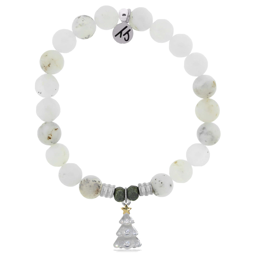 White Chalcedony Gemstone Bracelet with Christmas Tree Sterling Silver Charm