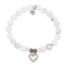 White Chalcedony Gemstone Bracelet with Family Heart Cutout Sterling Silver Charm