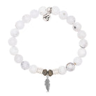 White Chalcedony Gemstone Bracelet with Feather Sterling Silver Charm