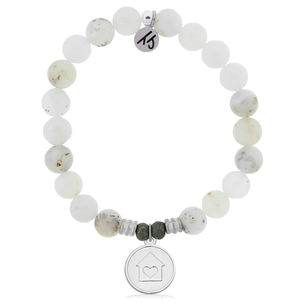 White Chalcedony Gemstone Bracelet with Home is Where the Heart Is Sterling Silver Charm