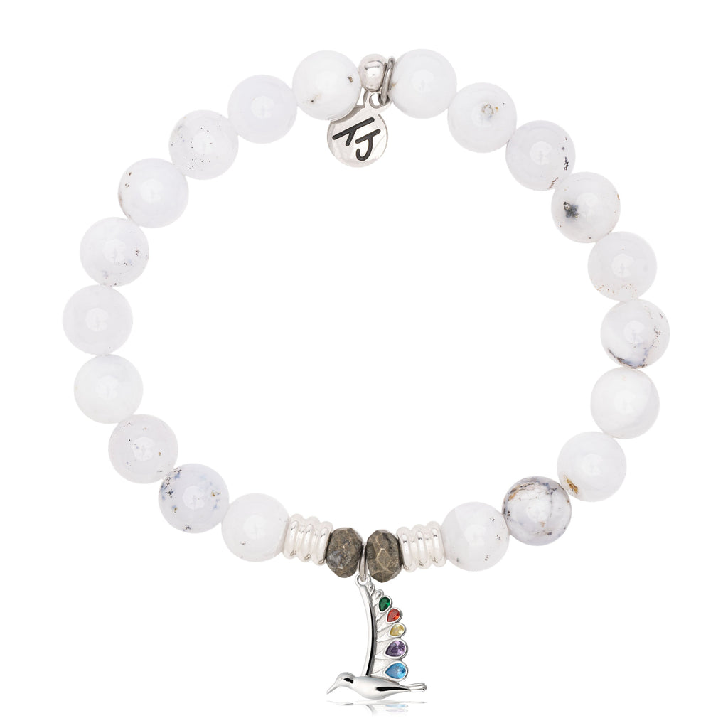 White Chalcedony Gemstone Bracelet with Hummingbird Sterling Silver Charm