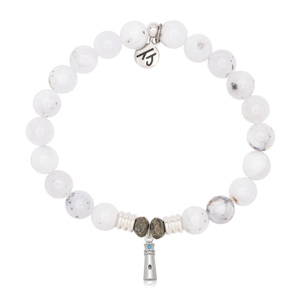 White Chalcedony Gemstone Bracelet with Lighthouse Sterling Silver Charm