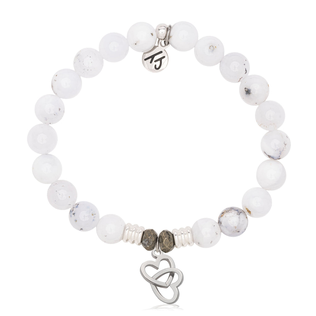 White Chalcedony Gemstone Bracelet with Linked Hearts Sterling Silver Charm