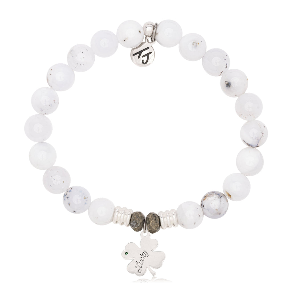 White Chalcedony Gemstone Bracelet with Lucky Clover Sterling Silver Charm