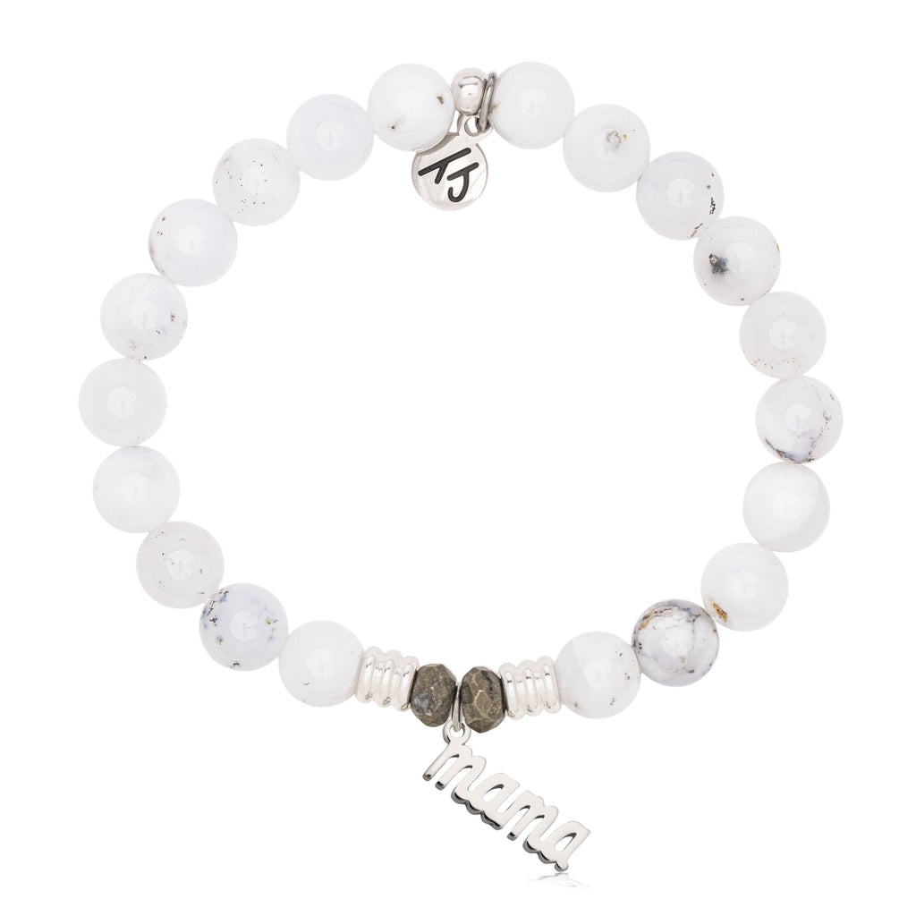 White Chalcedony Gemstone Bracelet with Mama Sterling Silver Charm