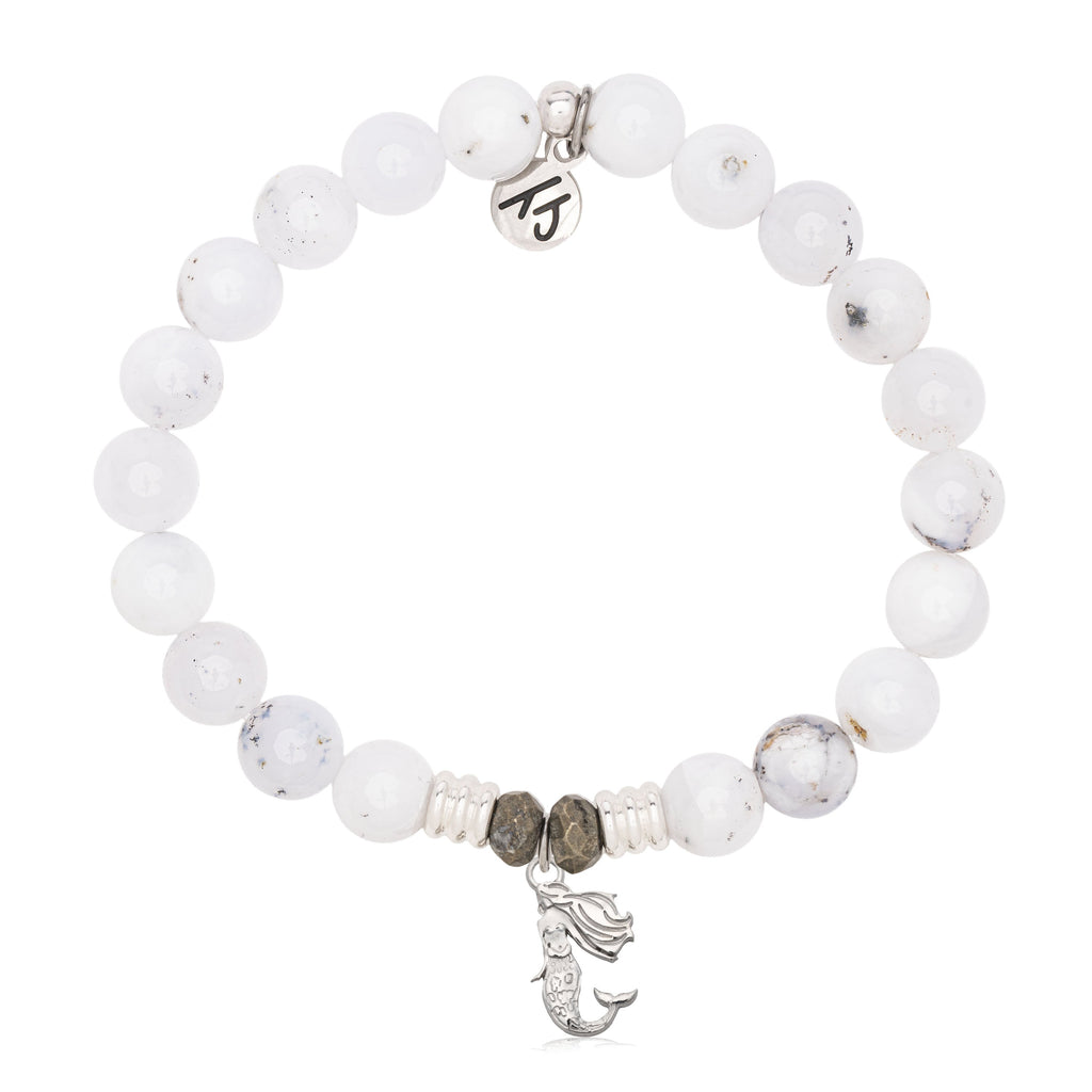 White Chalcedony Gemstone Bracelet with Mermaid Cutout Sterling Silver Charm