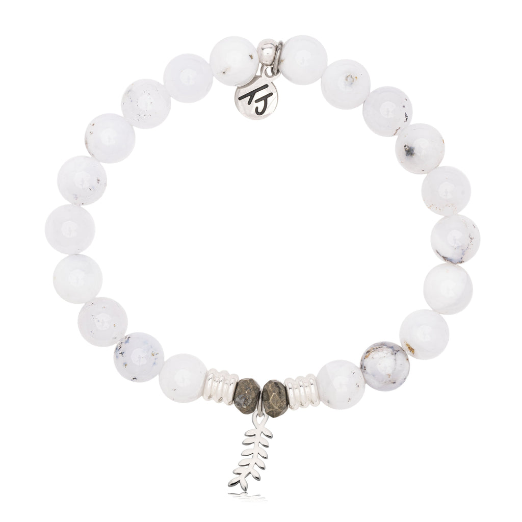 White Chalcedony Gemstone Bracelet with Olive Branch Sterling Silver Charm