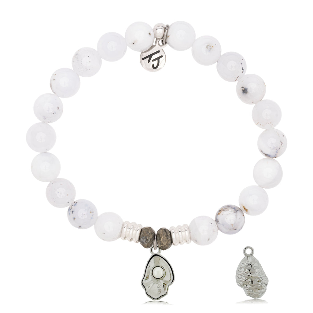 White Chalcedony Gemstone Bracelet with Oyster Sterling Silver Charm