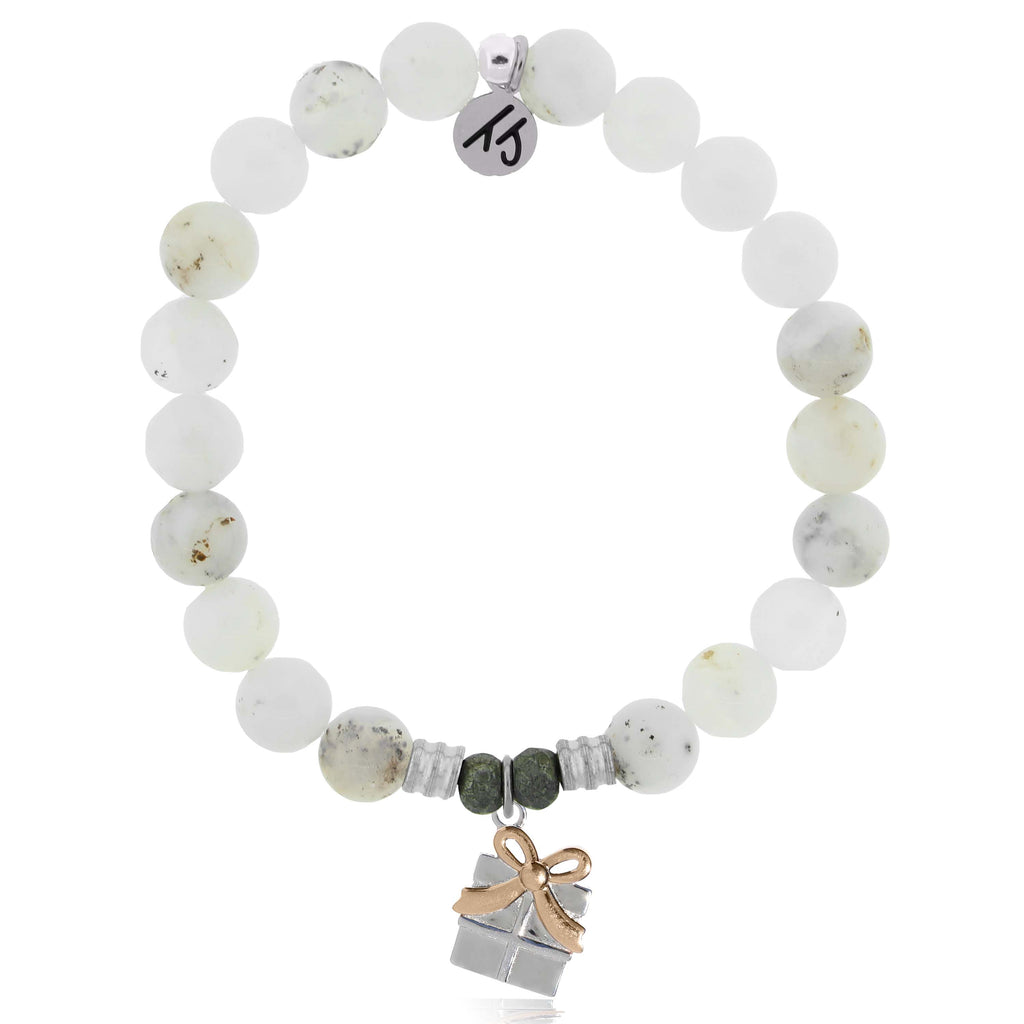 White Chalcedony Gemstone Bracelet with Present Sterling Silver Charm