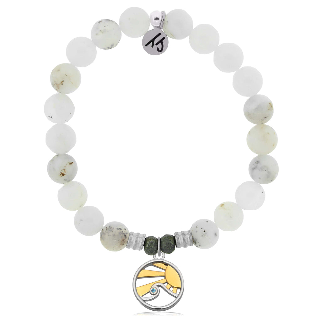 White Chalcedony Gemstone Bracelet with Rising Sun Sterling Silver Charm