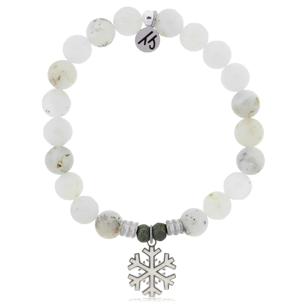 White Chalcedony Gemstone Bracelet with Snowflake Opal Sterling Silver Charm