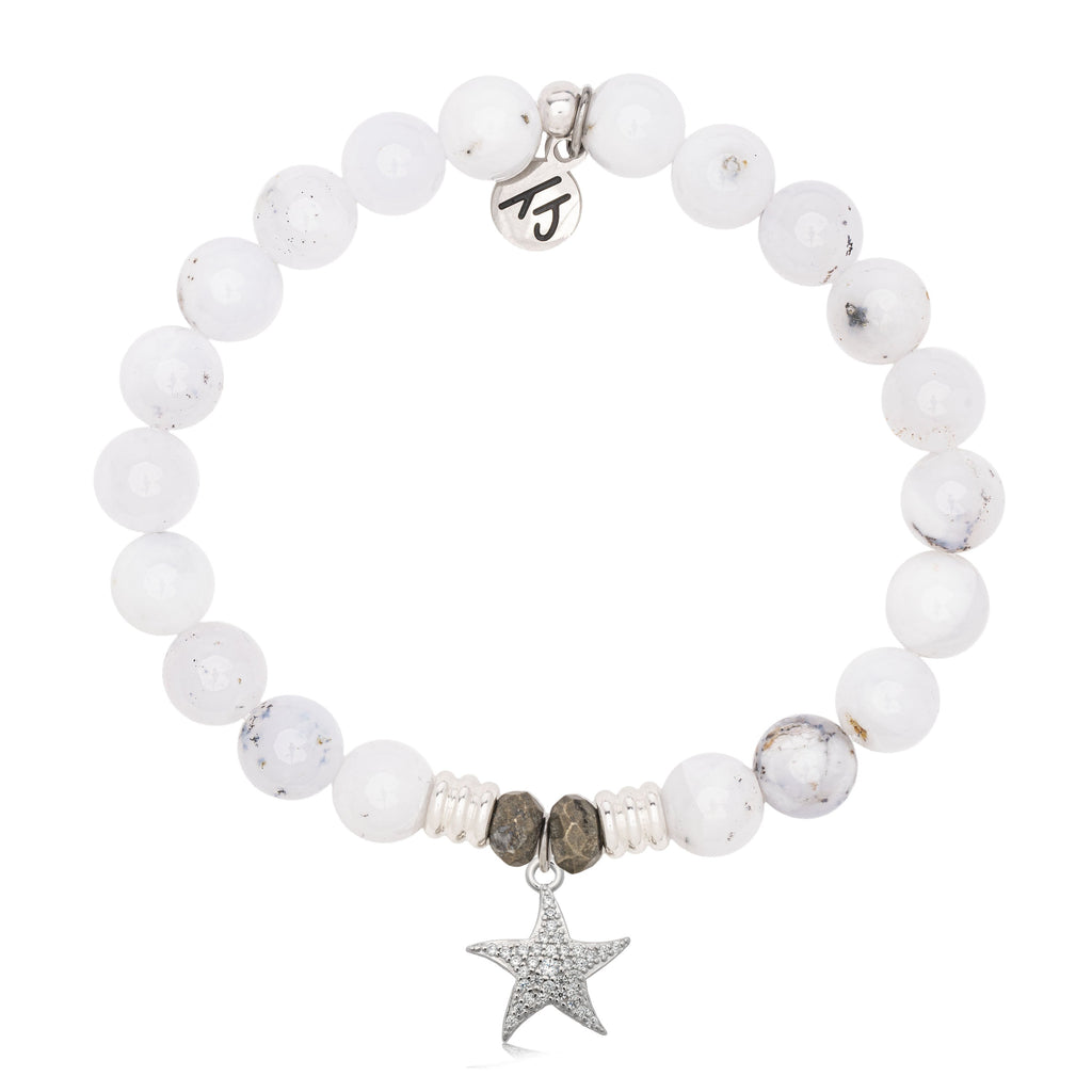 White Chalcedony Gemstone Bracelet with Starfish CZ Sterling Silver Charm