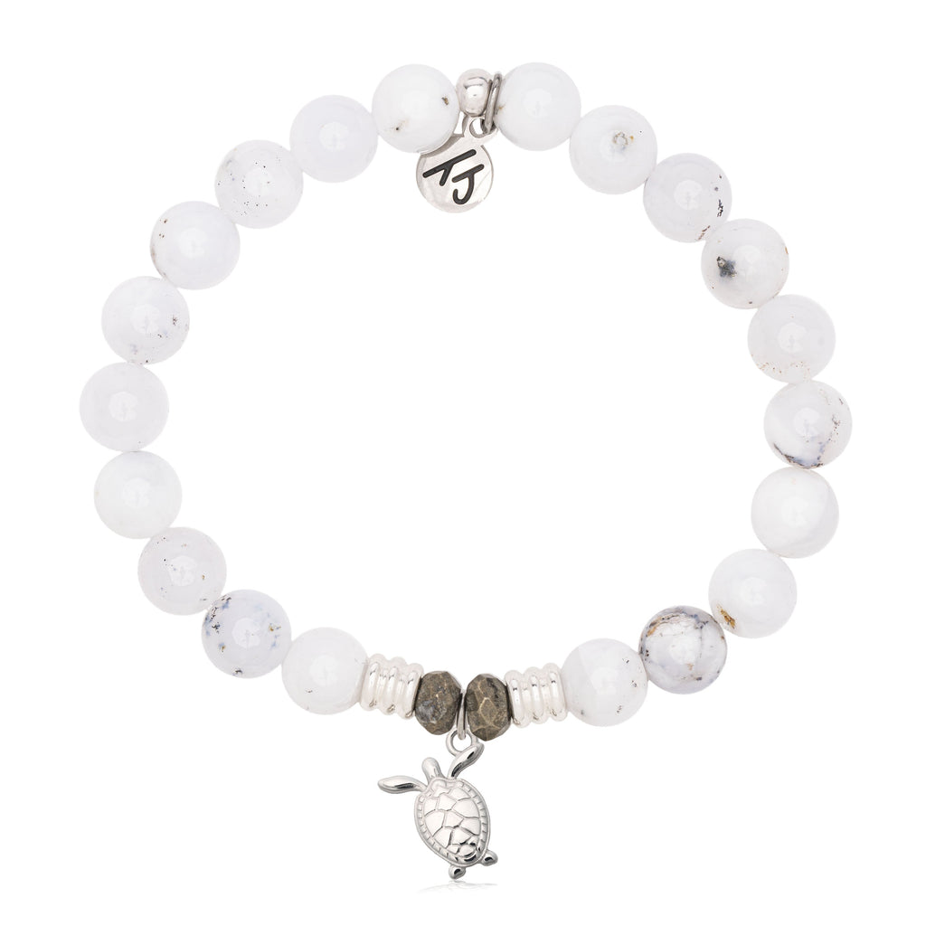 White Chalcedony Gemstone Bracelet with Turtle Cutout Sterling Silver Charm