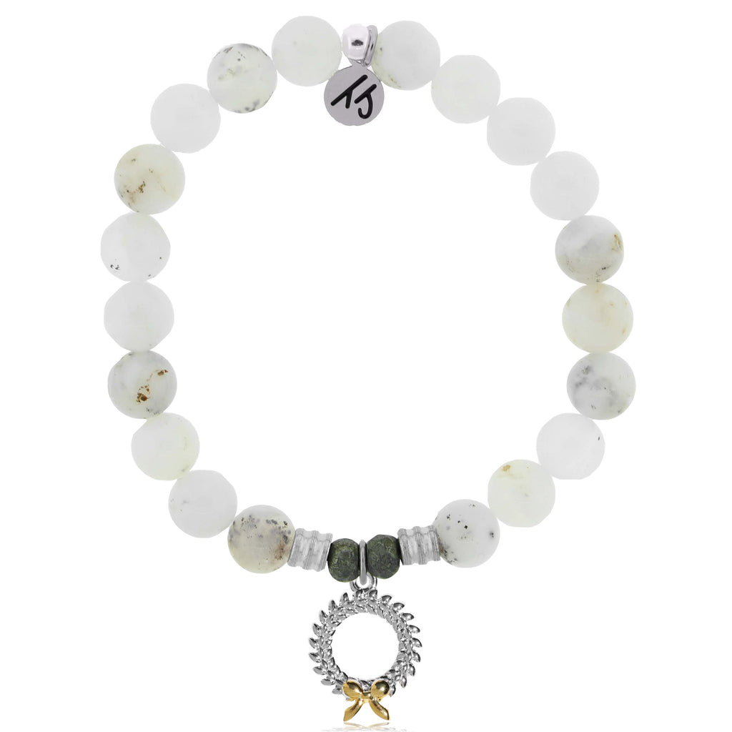 White Chalcedony Gemstone Bracelet with Wreath Sterling Silver Charm