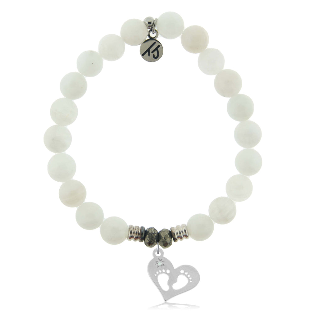 White Moonstone Gemstone Bracelet with Baby Feet Sterling Silver Charm