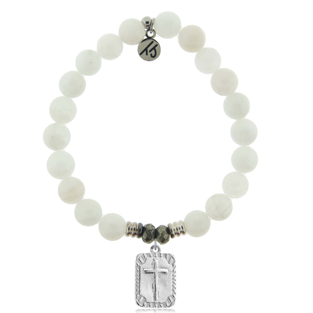 White Moonstone Gemstone Bracelet with Cross Rectangle Sterling Silver Charm