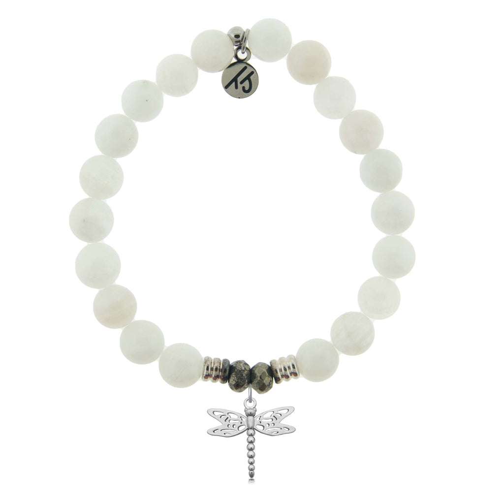 White Moonstone Gemstone Bracelet with Dragonfly Sterling Silver Charm