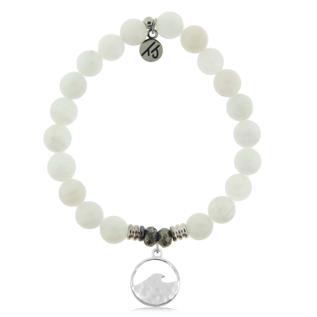 White Moonstone Gemstone Bracelet with Hammered Waves Sterling Silver Charm