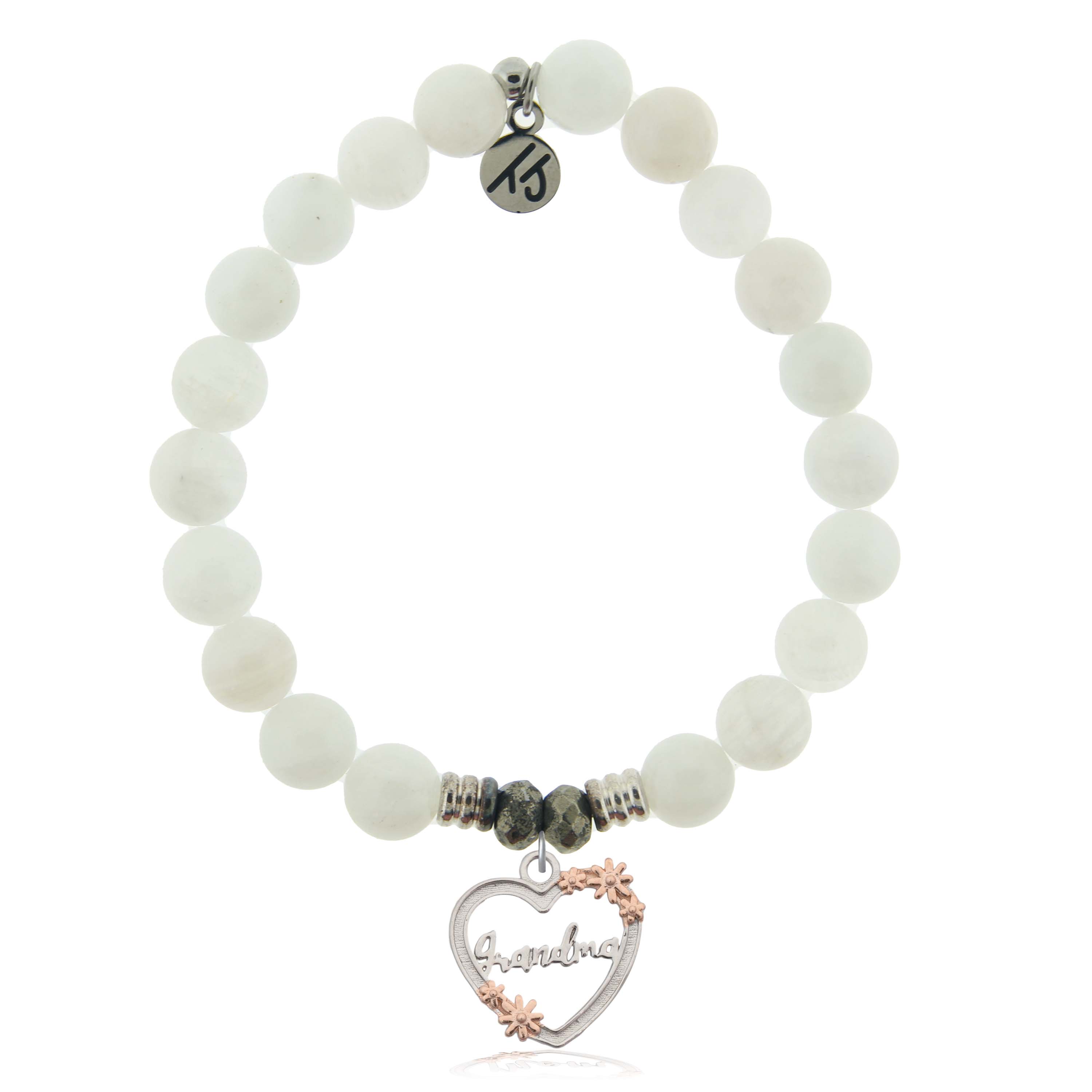 White Moonstone Gemstone Bracelet with Heart Grandma Sterling Silver Charm