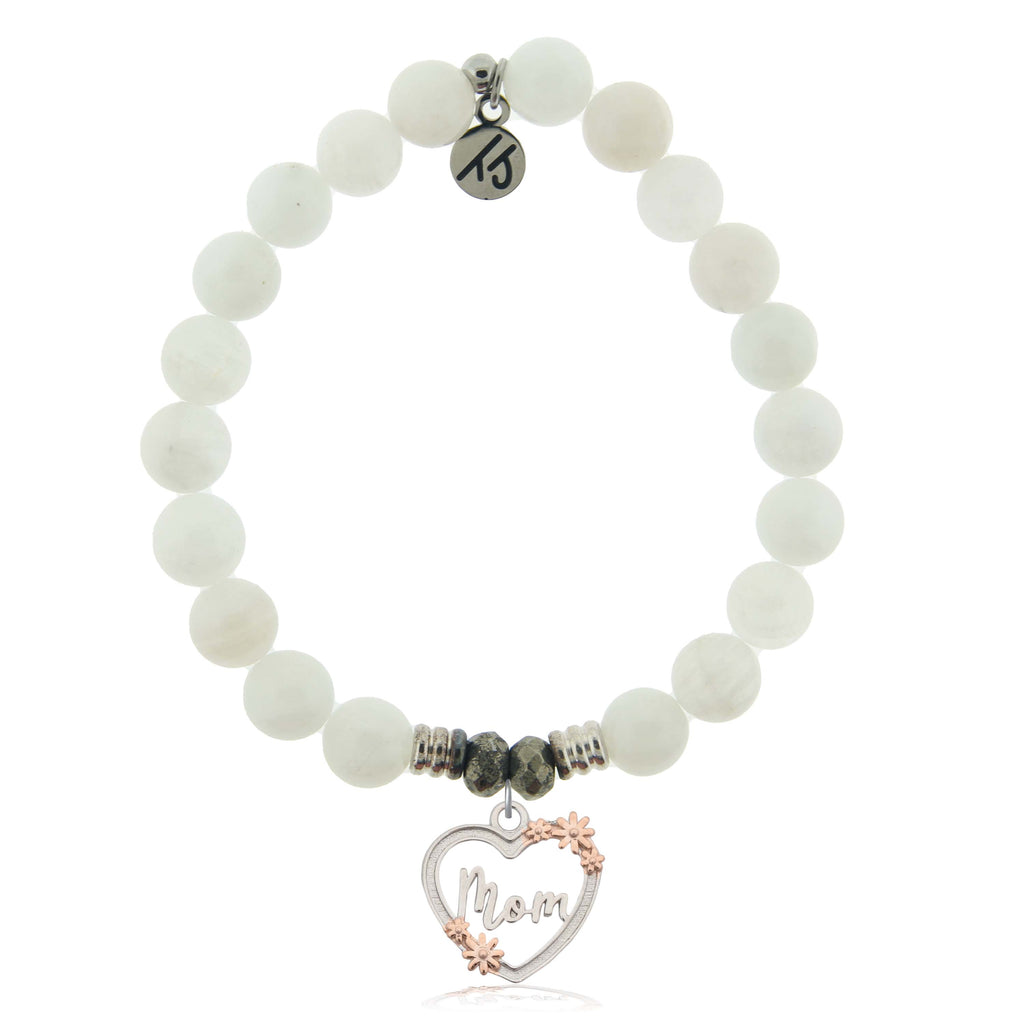 White Moonstone Gemstone Bracelet with Heart Mom Sterling Silver Charm