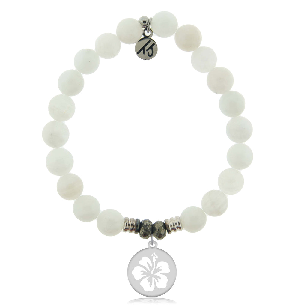 White Moonstone Gemstone Bracelet with Hibiscus Sterling Silver Charm