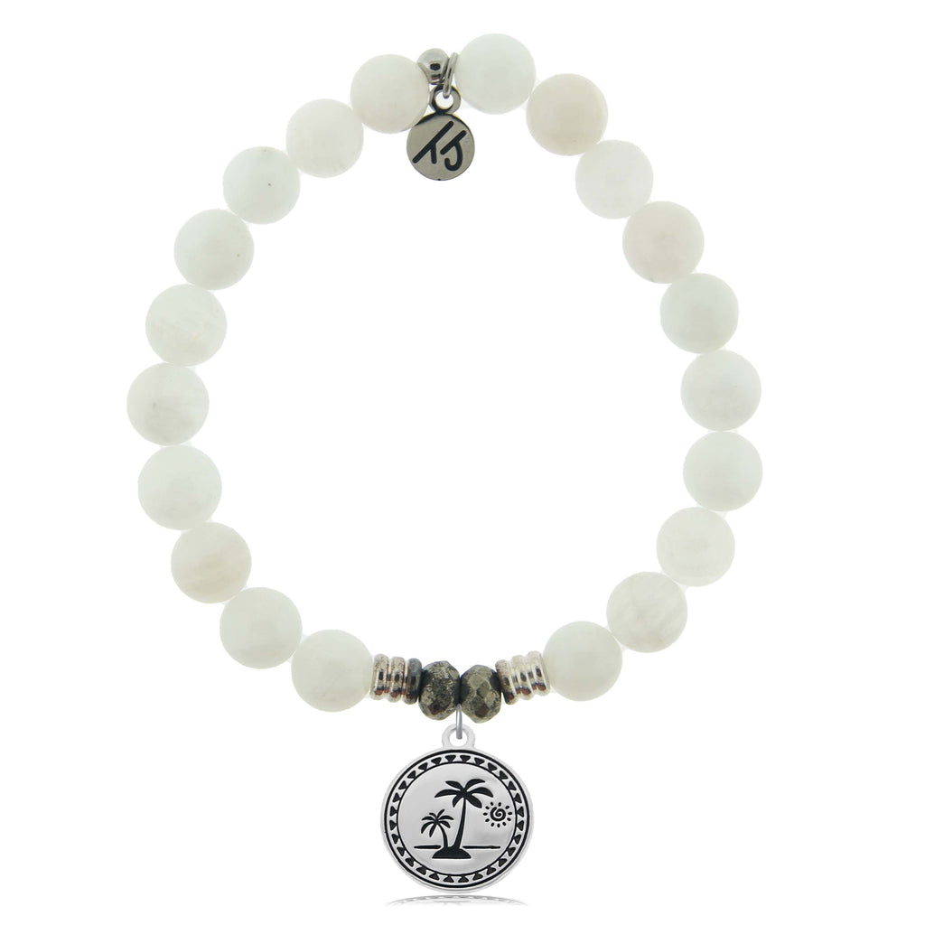 White Moonstone Gemstone Bracelet with Palm Tree Sterling Silver Charm