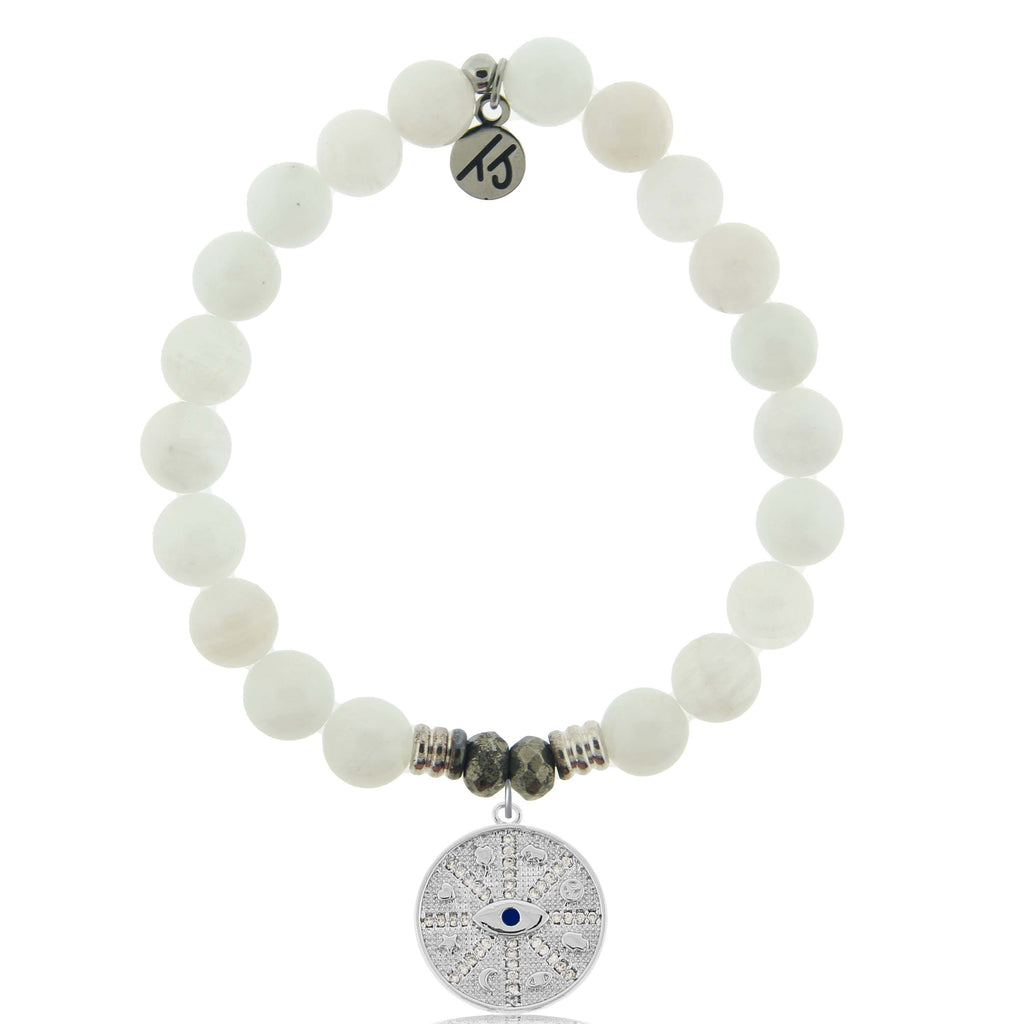 White Moonstone Gemstone Bracelet with Protection Sterling Silver Charm