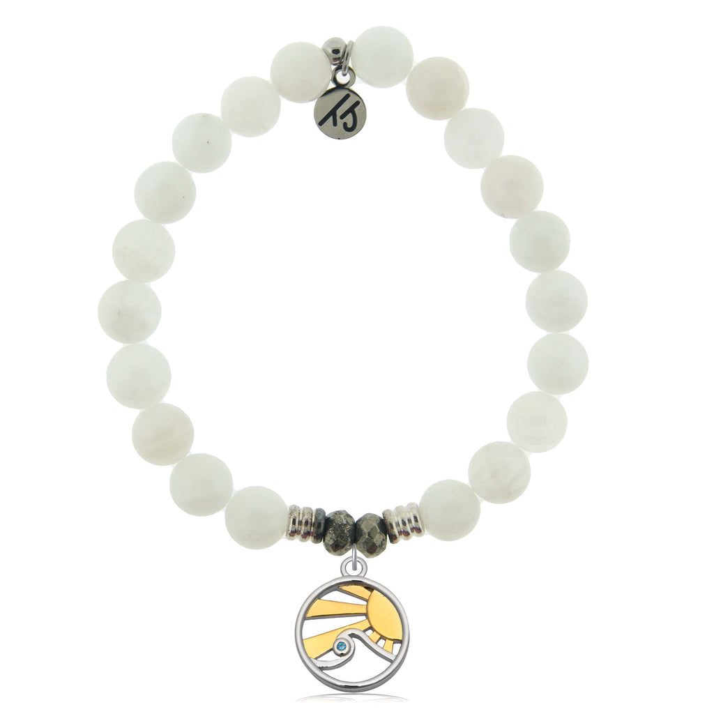 White Moonstone Gemstone Bracelet with Rising Sun Sterling Silver Charm