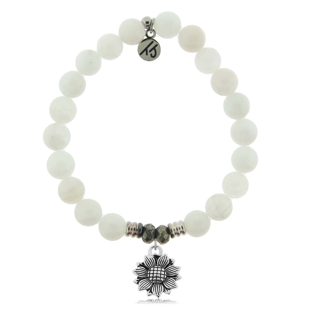White Moonstone Gemstone Bracelet with Sunflower Sterling Silver Charm