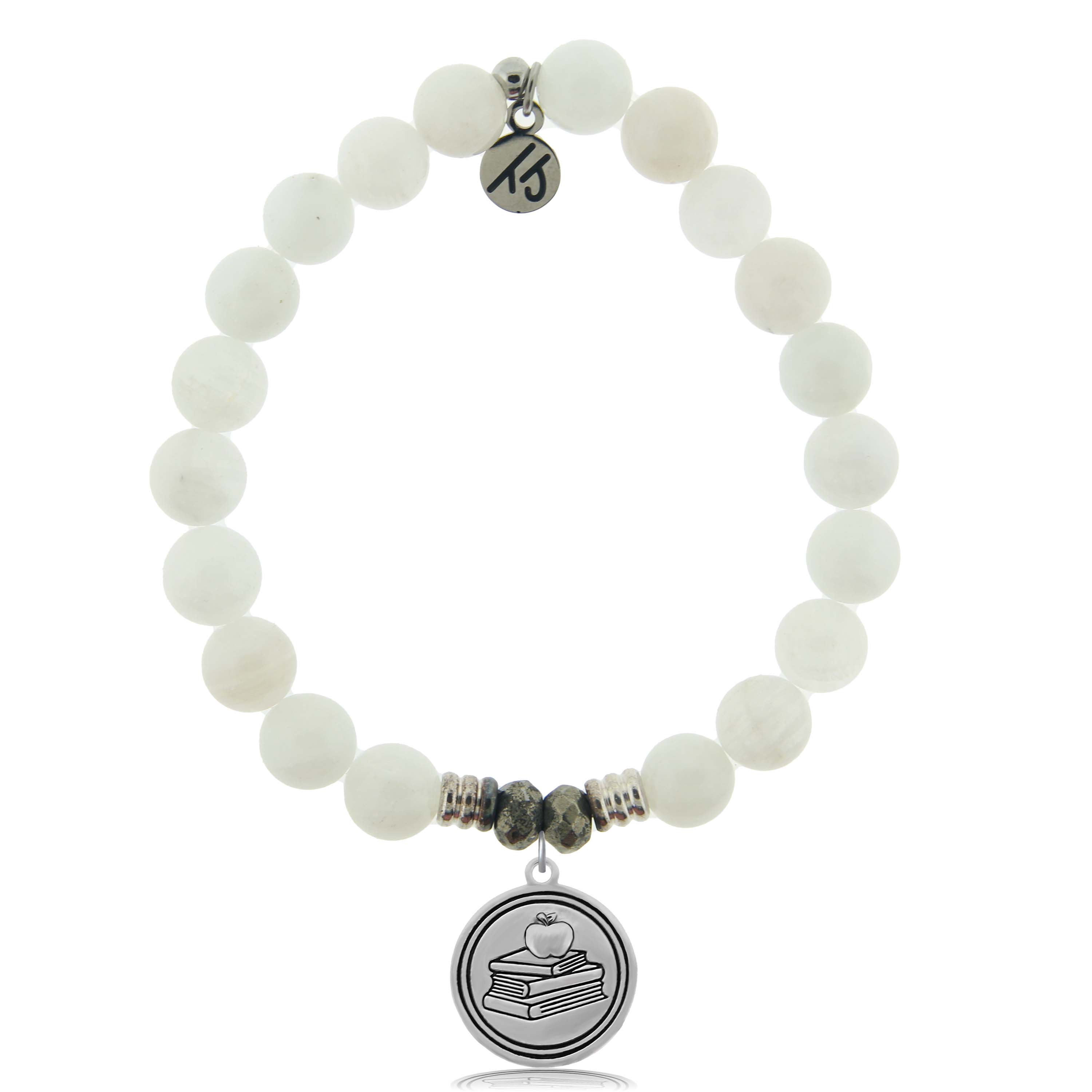 White Moonstone Gemstone Bracelet with Teacher Sterling Silver Charm
