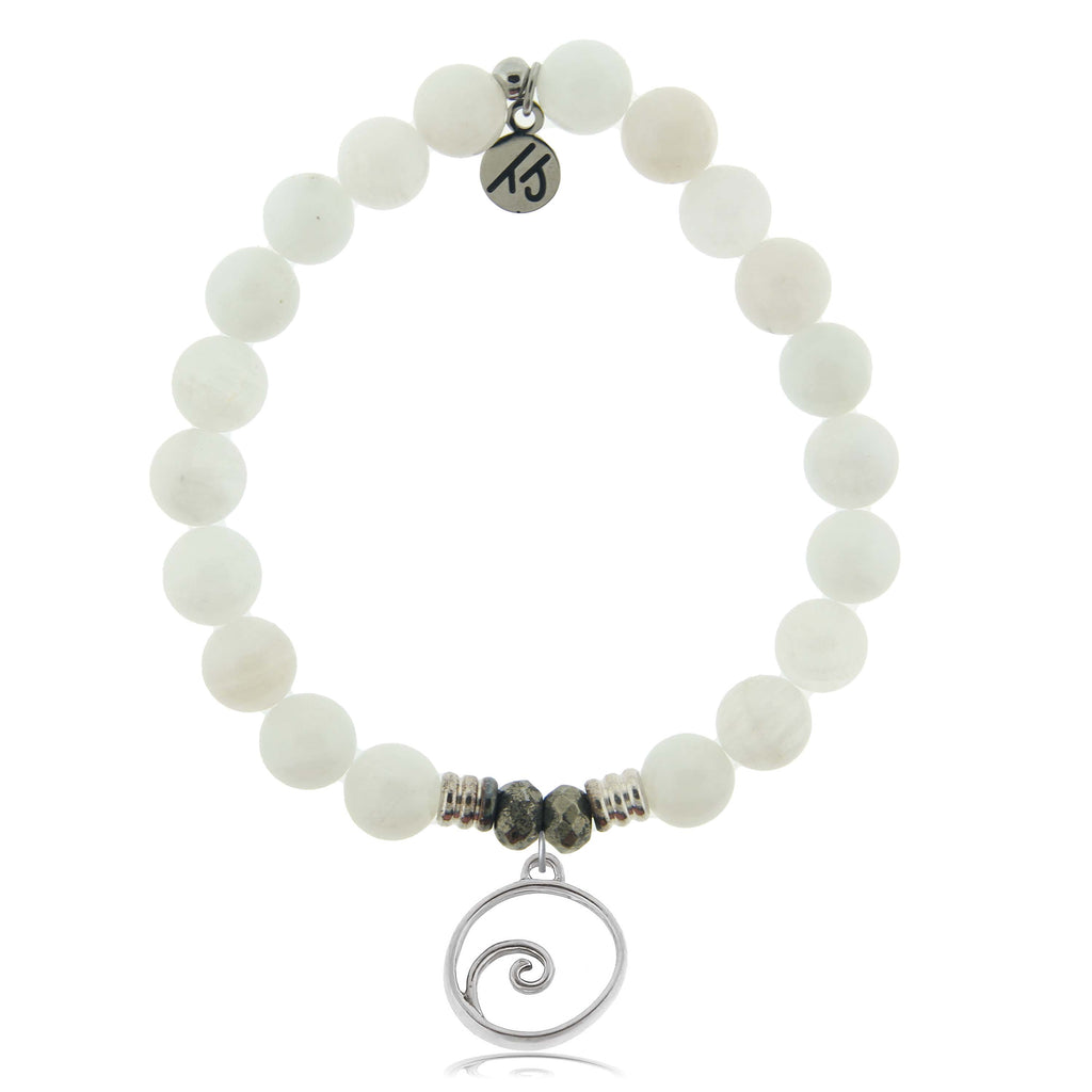 White Moonstone Gemstone Bracelet with Wave Sterling Silver Charm