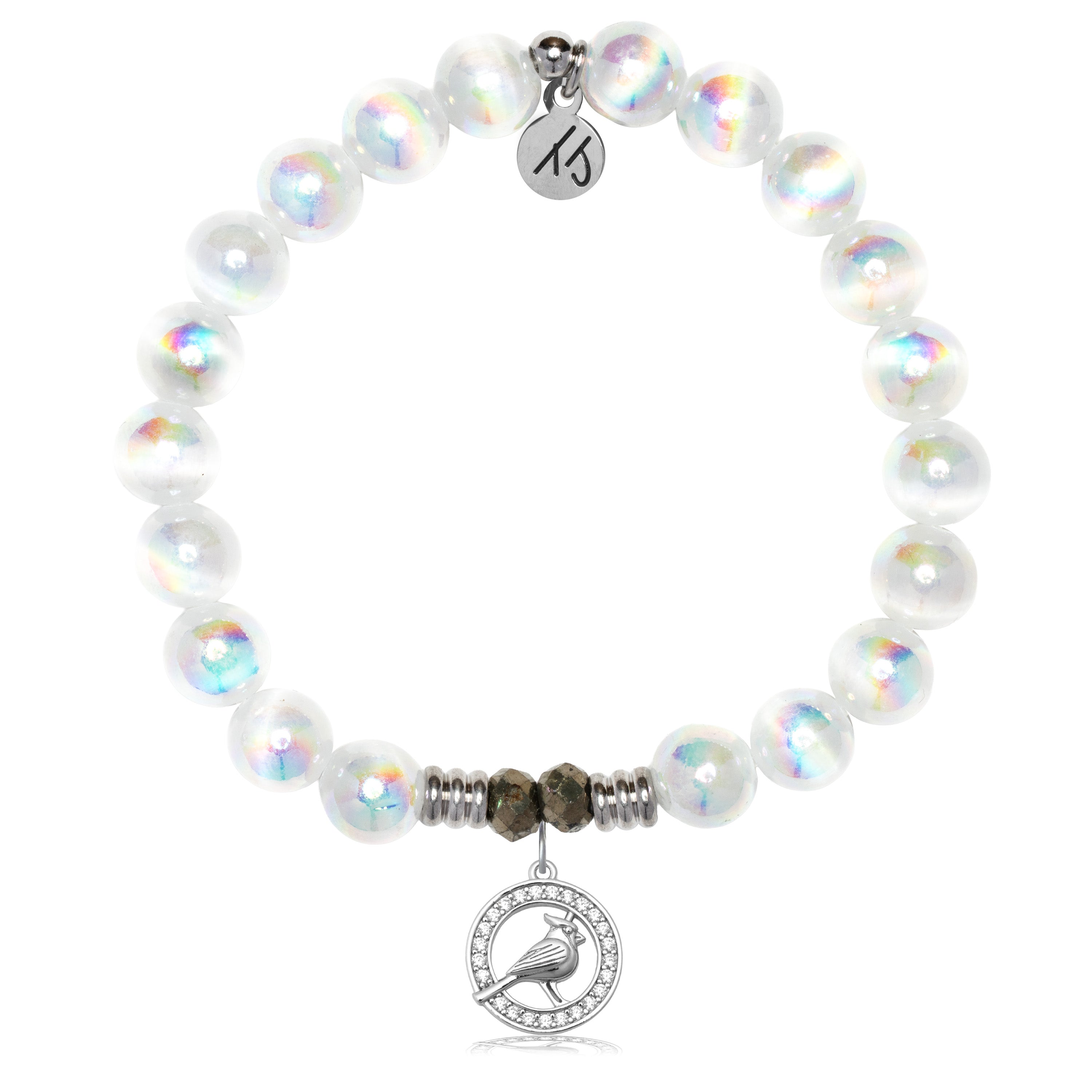 White Selenite Gemstone Bracelet with Cardinal White CZ Sterling Silver Charm