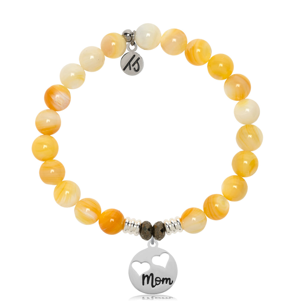 Yellow Shell Gemstone Bracelet with Mom Hearts Sterling Silver Charm