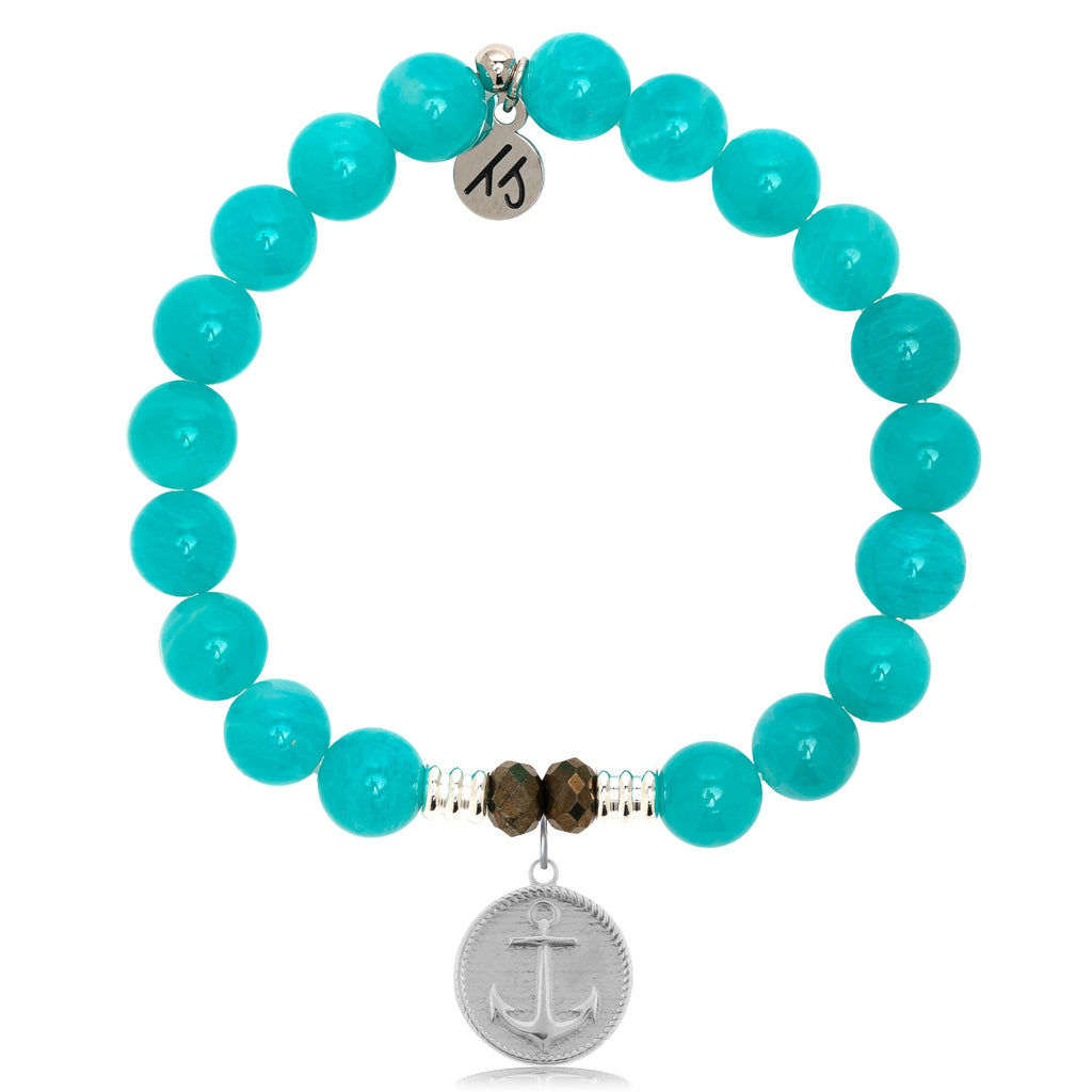 Aqua Amazonite Stone Bracelet with Anchor Sterling Silver Charm