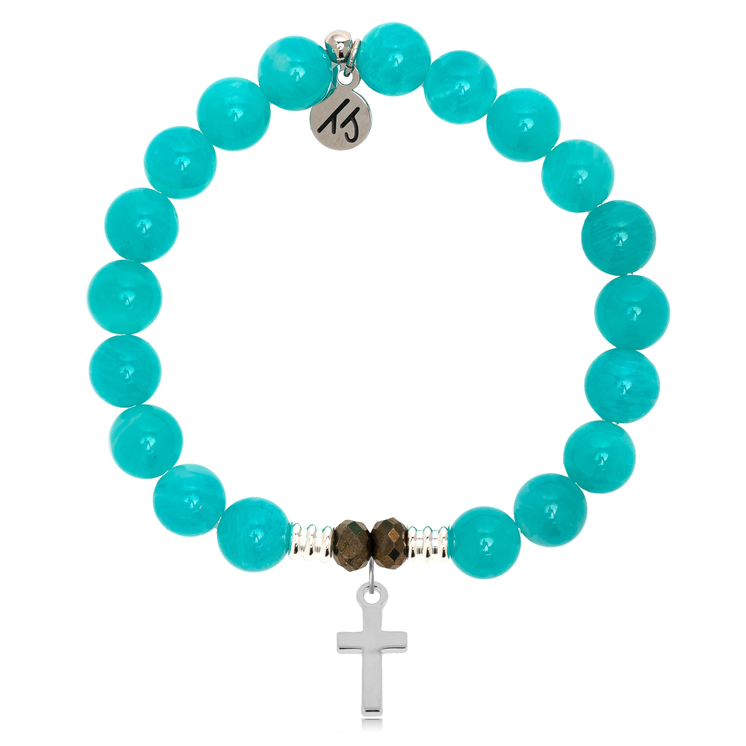 Aqua Amazonite Stone Bracelet with Cross Sterling Silver Charm