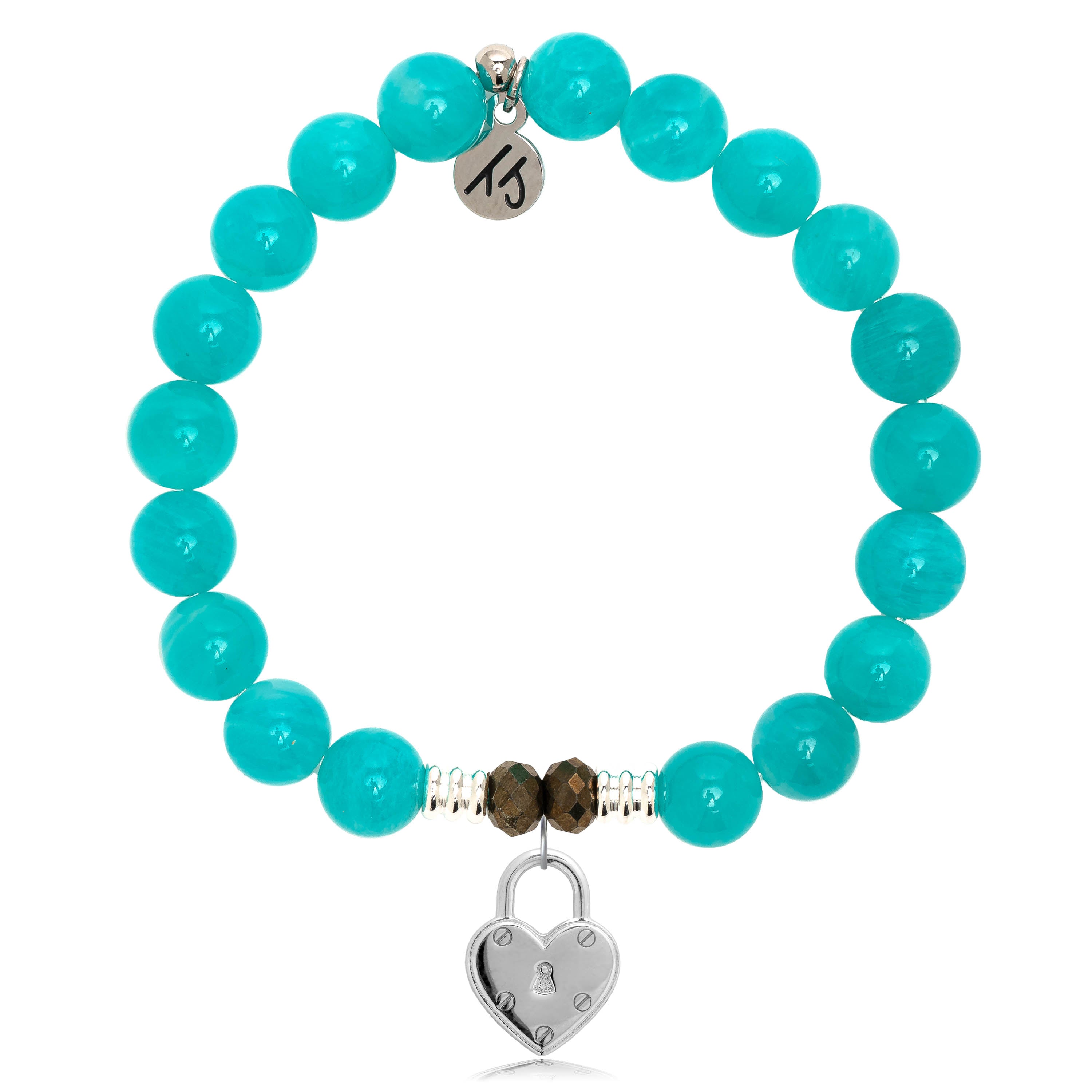 Aqua Amazonite Stone Bracelet with Love Lock Sterling Silver Charm