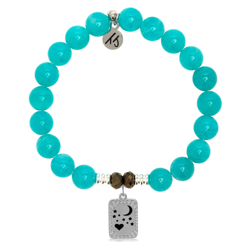 Aqua Amazonite Stone Bracelet with Moon and Back Sterling Silver Charm