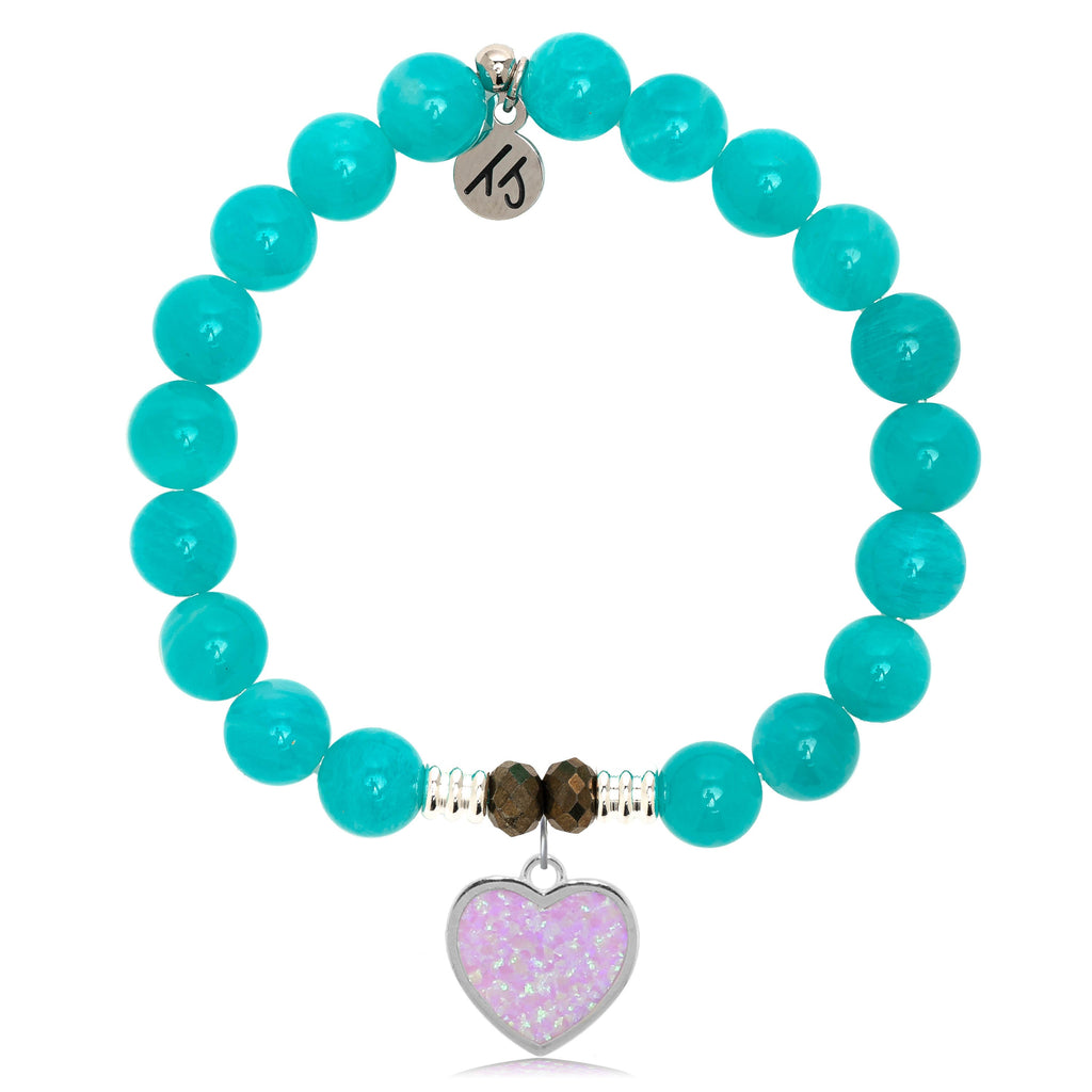 Aqua Amazonite Stone Bracelet with Pink Opal Heart Sterling Silver Charm