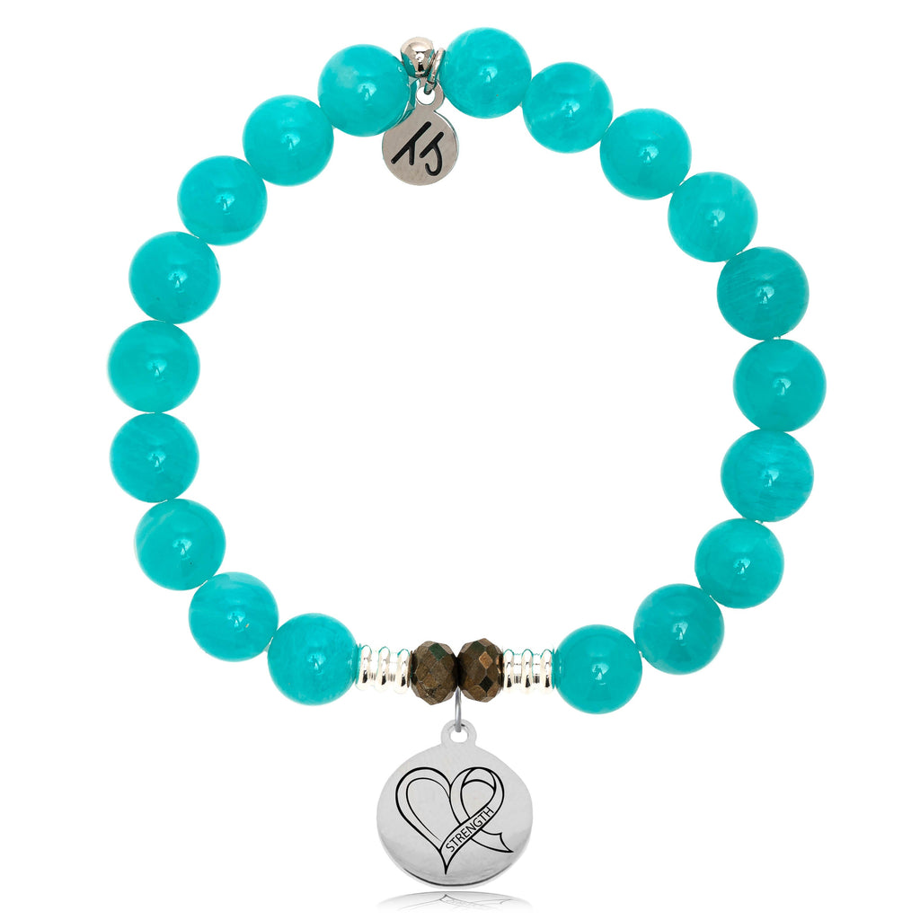 Aqua Amazonite Stone Bracelet with Strength Heart Sterling Silver Charm