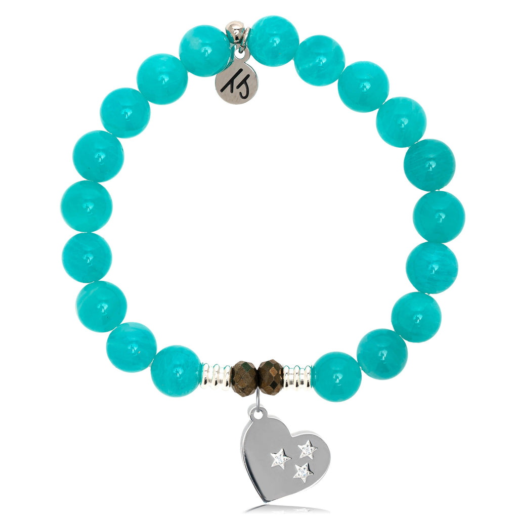 Aqua Amazonite Stone Bracelet with Wishing Heart Sterling Silver Charm