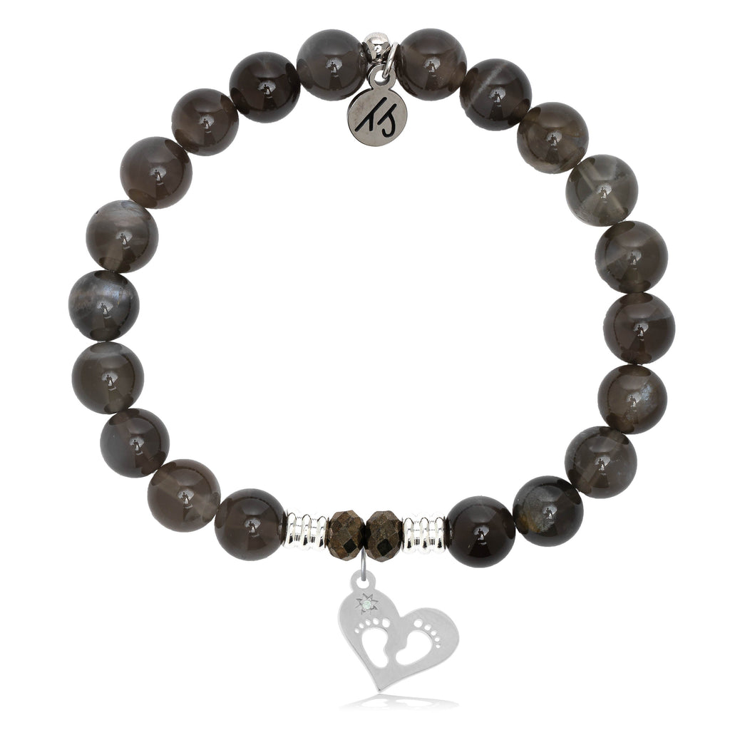 Black Moonstone Stone Bracelet with Baby Feet Sterling Silver Charm