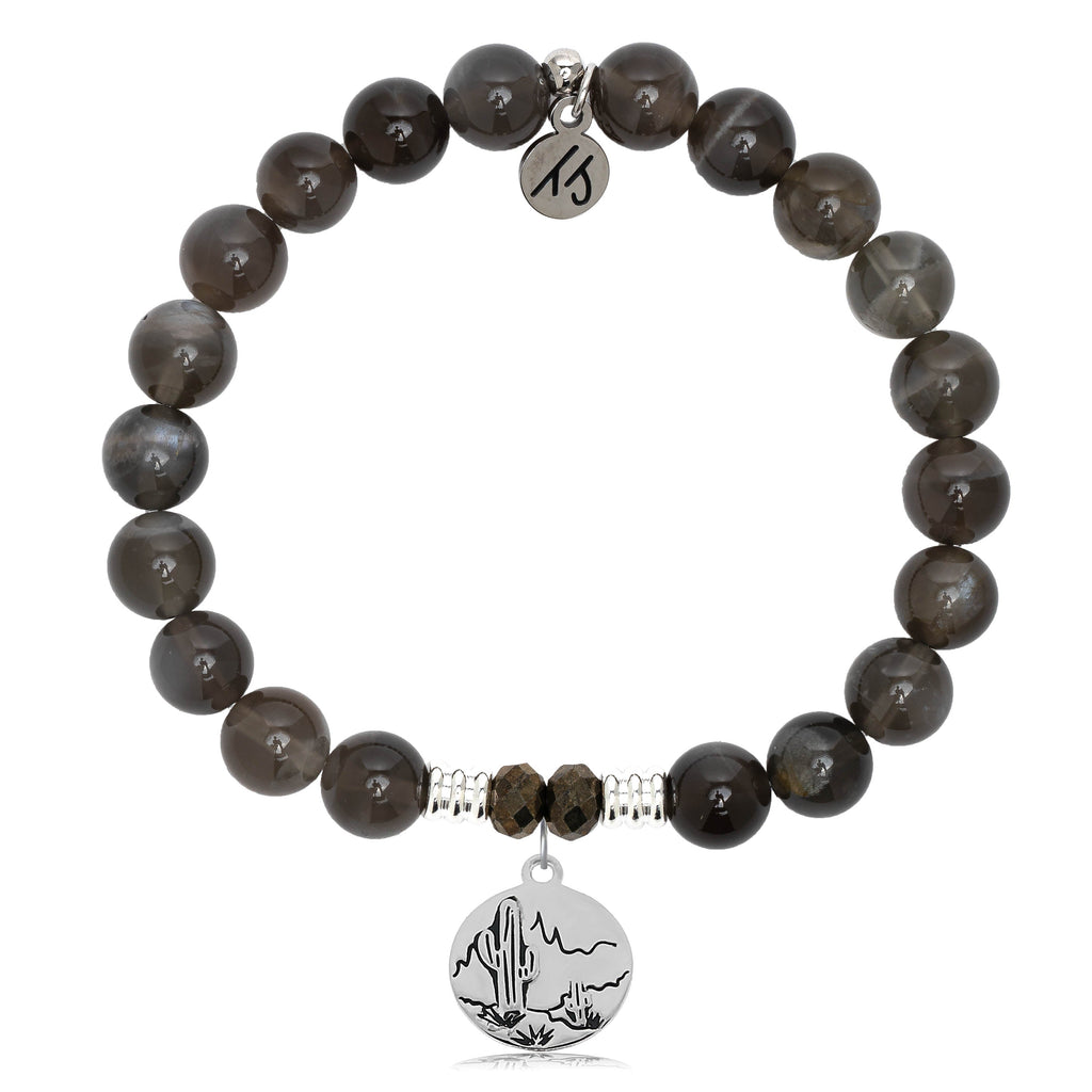 Black Moonstone Stone Bracelet with Cactus Sterling Silver Charm